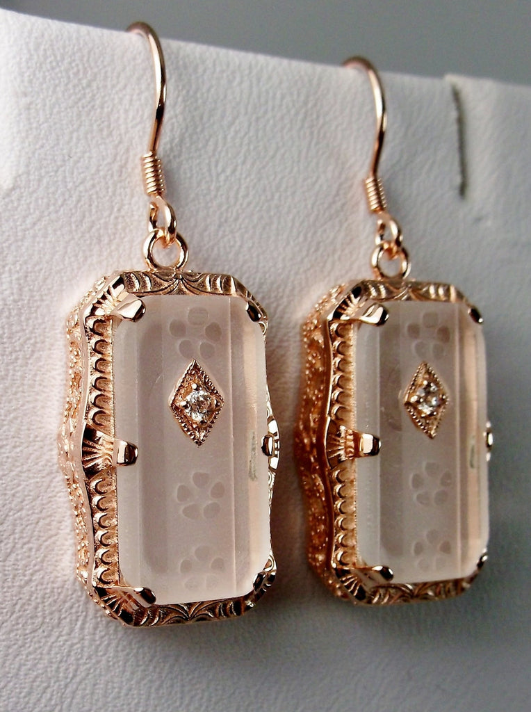 earrings, frosted white carved camphor glass, rose gold plated sterling silver filigree, 1915 design #E232, Silver Embrace Jewelry