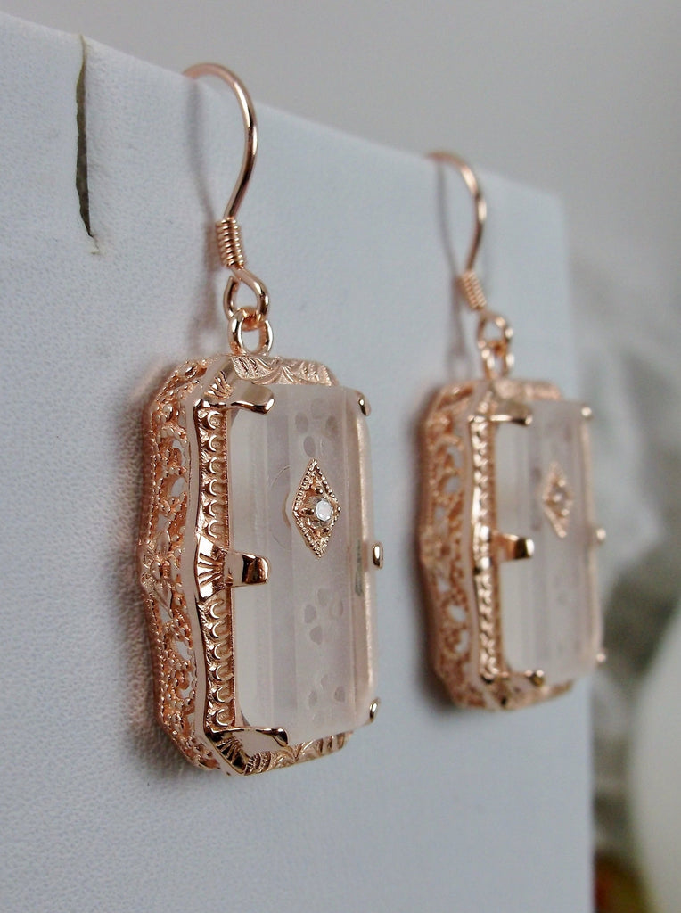 earrings, frosted white carved camphor glass, rose gold plated sterling silver filigree, 1915 design #E232, Silver Embrace Jewelry