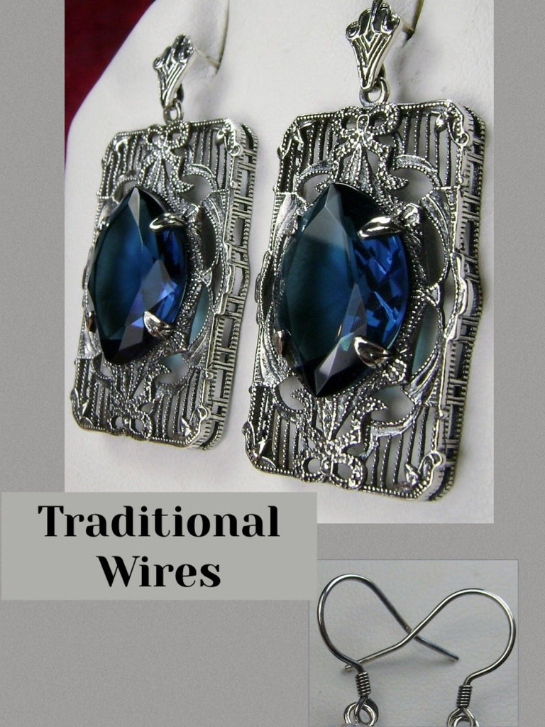 Blue Sapphire  Earrings, Sterling Silver Art deco Filigree, Vintage Jewelry, Silver Embrace Jewelry, Antoinette Earrings, E24