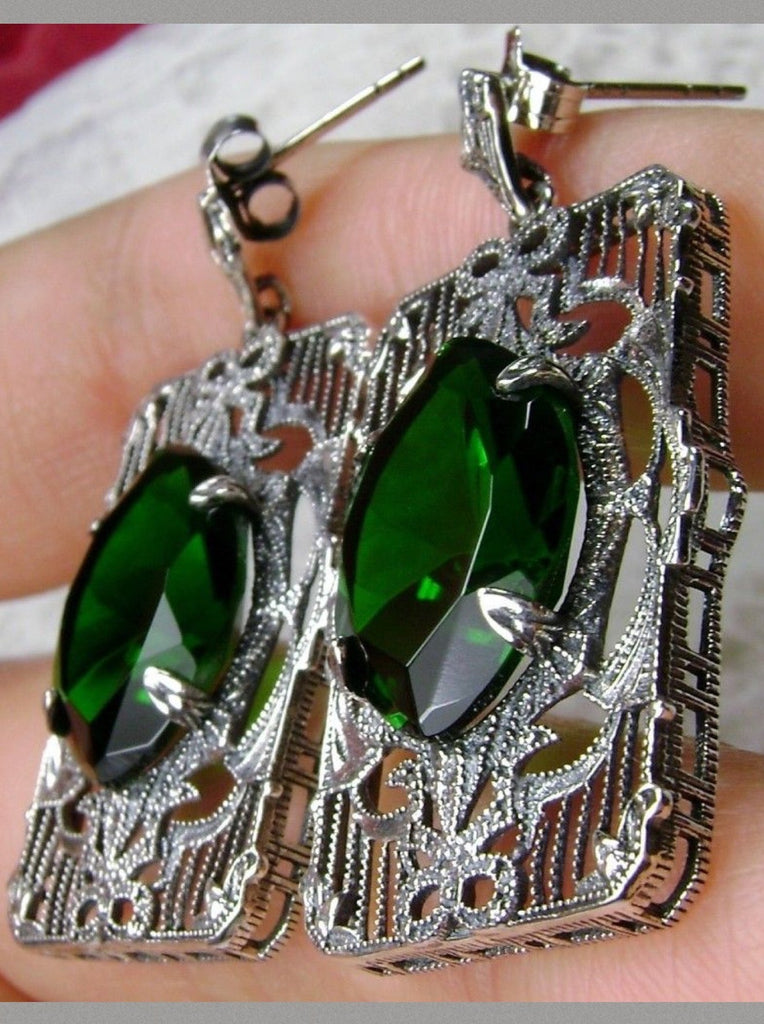 Green Emerald  Earrings, Sterling Silver Art deco Filigree, Vintage Jewelry, Silver Embrace Jewelry, Antoinette Earrings, E24