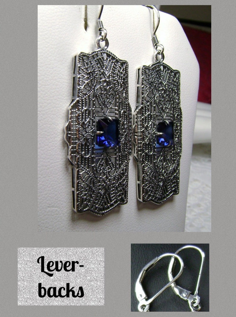Blue Sapphire Earrings, Lacy Sterling Silver Filigree, Square Gemstone, Lever-Backs, Lacy Square Earrings, Silver Embrace Jewelry, E26