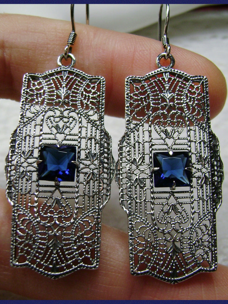 Blue Sapphire Earrings, Lacy Sterling Silver Filigree, Square Gemstone, Traditional Wires, Lacy Square Earrings, Silver Embrace Jewelry, E26
