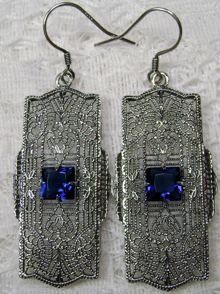 Blue Sapphire Earrings, Lacy Sterling Silver Filigree, Square Gemstone, Traditional Wires, Lacy Square Earrings, Silver Embrace Jewelry, E26