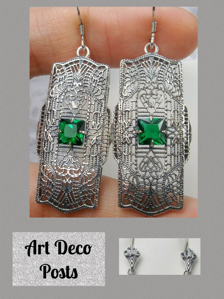 Green Emerald Deco Post Earrings, Lacy Sterling Silver Filigree, Square Gemstone, Lacy Square Earrings, Silver Embrace Jewelry, E26
