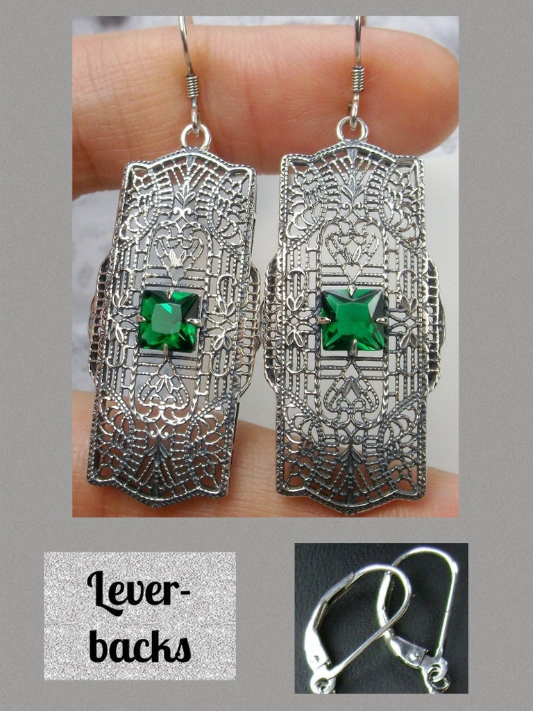 Green Emerald Lever Back Earrings, Lacy Sterling Silver Filigree, Square Gemstone, Lacy Square Earrings, Silver Embrace Jewelry, E26