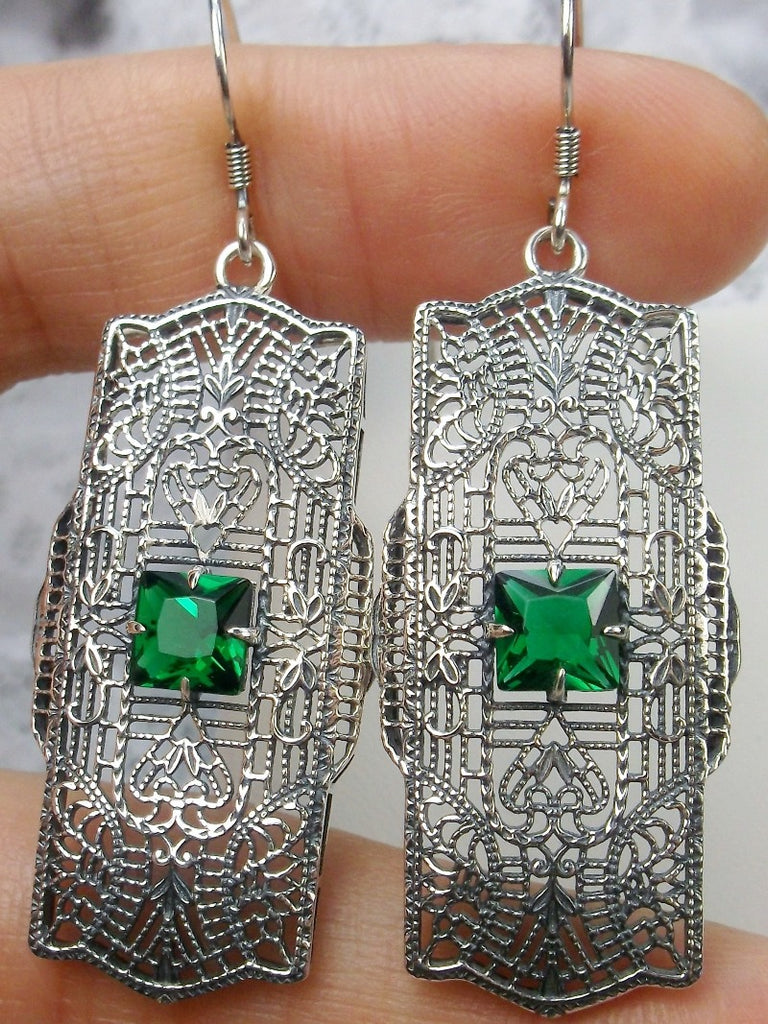 Green Emerald Traditional Wire  Earrings, Lacy Sterling Silver Filigree, Square Gemstone, Lacy Square Earrings, Silver Embrace Jewelry, E26