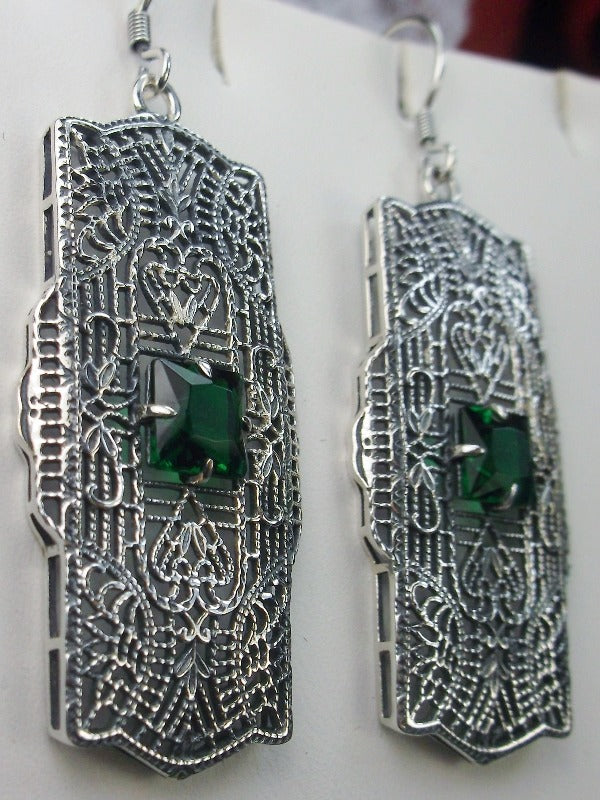 Green Emerald Earrings, Lacy Sterling Silver Filigree, Square Gemstone, Traditional Wires, Lacy Square Earrings, Silver Embrace Jewelry, E26