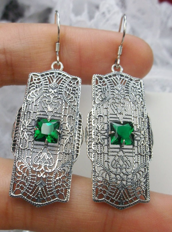 Green Emerald Earrings, Lacy Sterling Silver Filigree, Square Gemstone, Traditional Wires, Lacy Square Earrings, Silver Embrace Jewelry, E26