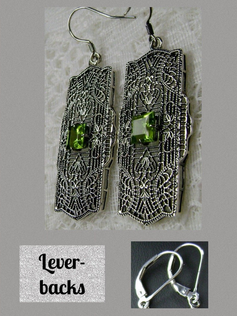 Natural Green Peridot Lever back  Earrings, Lacy Sterling Silver Filigree, Square Gemstone, Lacy Square Earrings, Silver Embrace Jewelry, E26