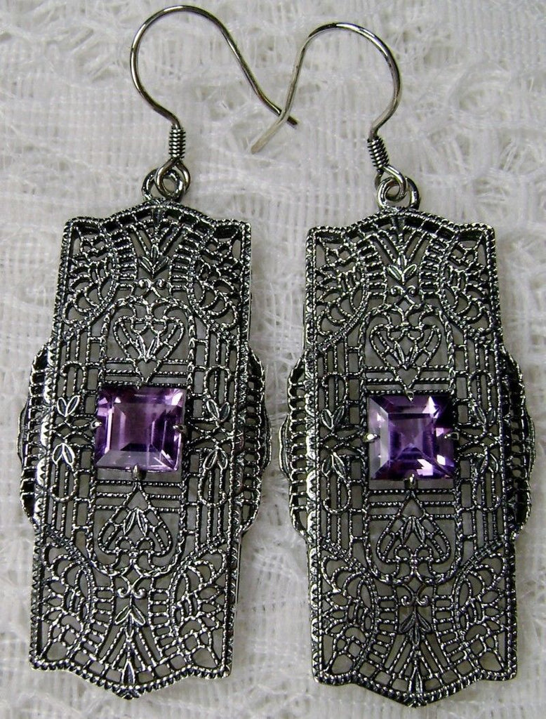 Natural Purple Amethyst traditional wire Earrings, Lacy Sterling Silver Filigree, Square Gemstone, Lacy Square Earrings, Silver Embrace Jewelry, E26