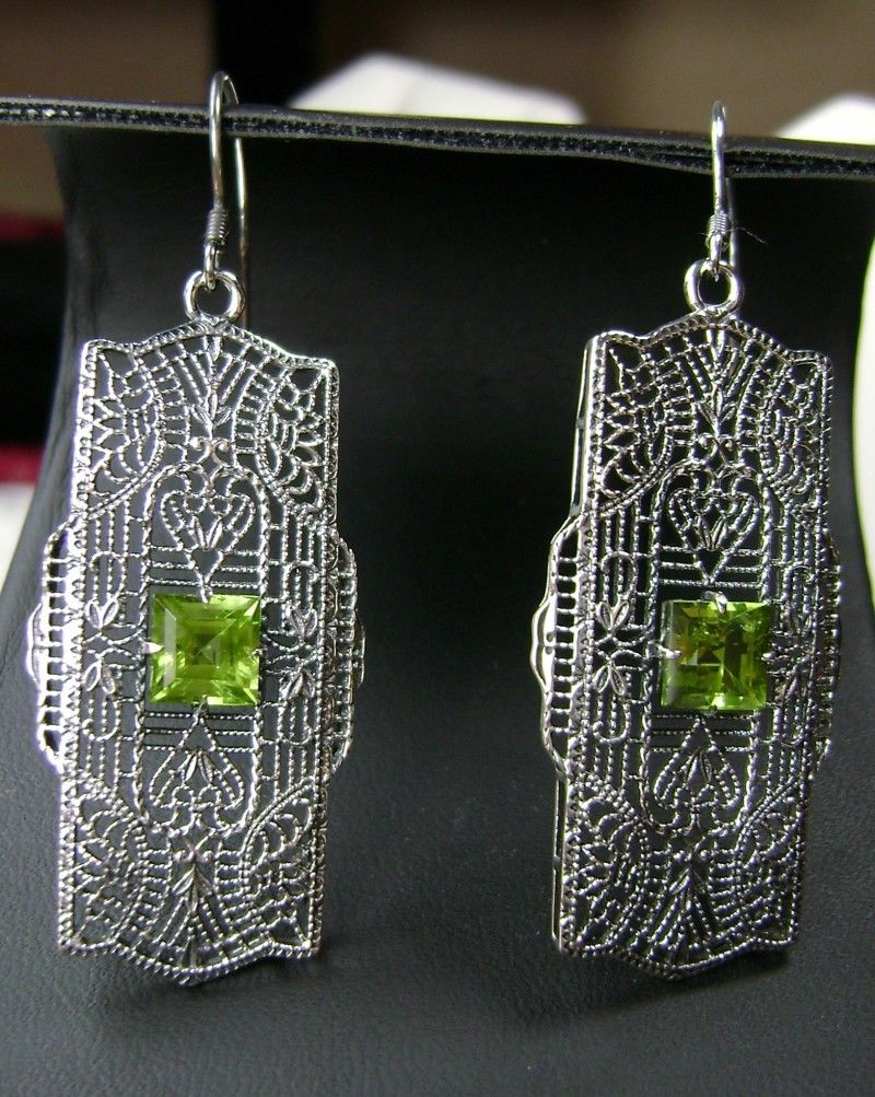 Natural Green Peridot Earrings, Lacy Sterling Silver Filigree, Square Gemstone, Traditional Wires, Lacy Square Earrings, Silver Embrace Jewelry, E26