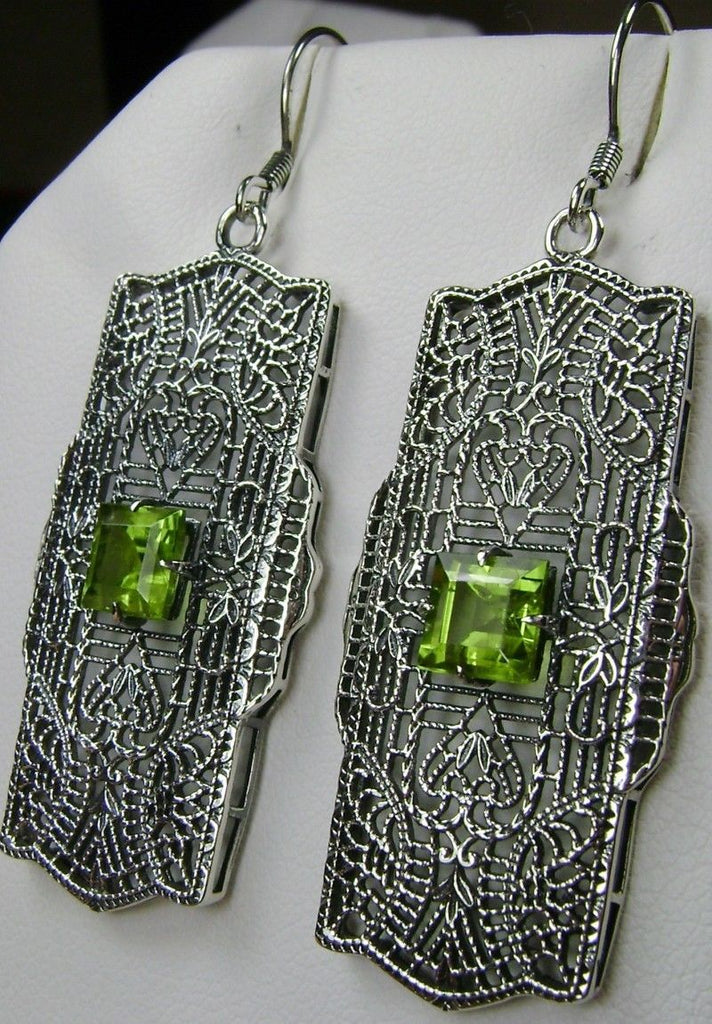 Natural Green Peridot Earrings, Lacy Sterling Silver Filigree, Square Gemstone, Traditional Wires, Lacy Square Earrings, Silver Embrace Jewelry, E26