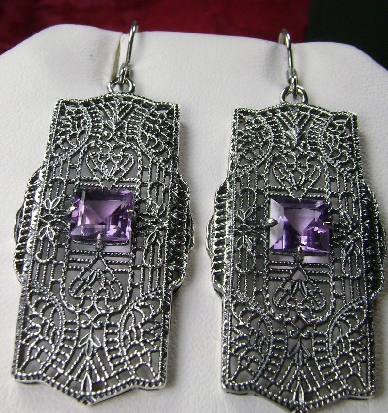 Natural Purple Amethyst Earrings, Lacy Sterling Silver Filigree, Square Gemstone, Traditional Wires, Lacy Square Earrings, Silver Embrace Jewelry, E26