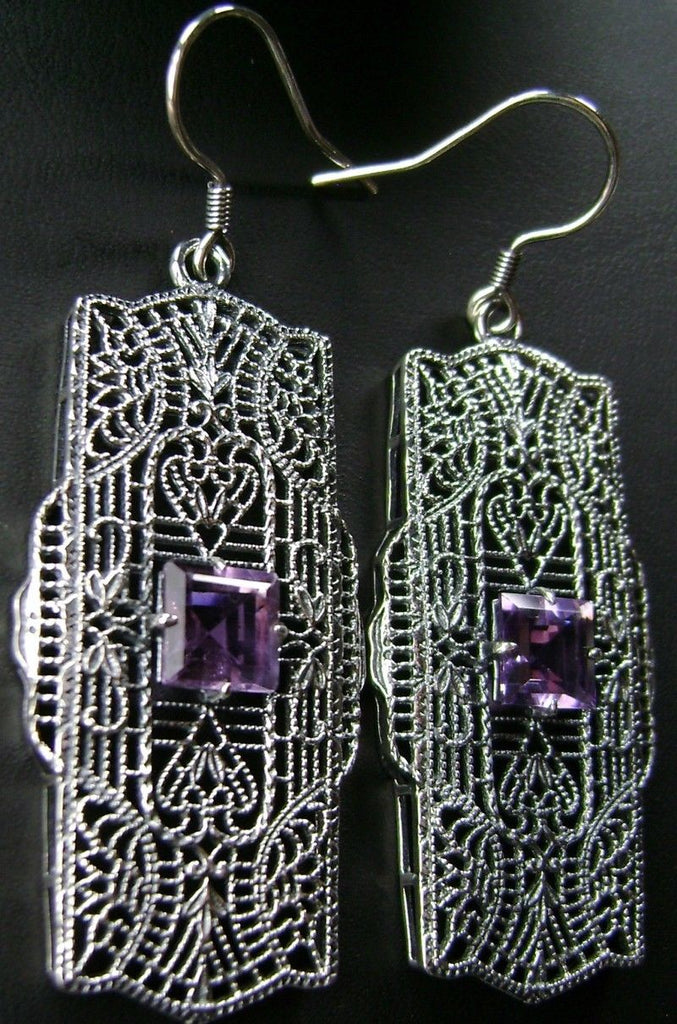 Natural Purple Amethyst Earrings, Lacy Sterling Silver Filigree, Square Gemstone, Traditional Wires, Lacy Square Earrings, Silver Embrace Jewelry, E26