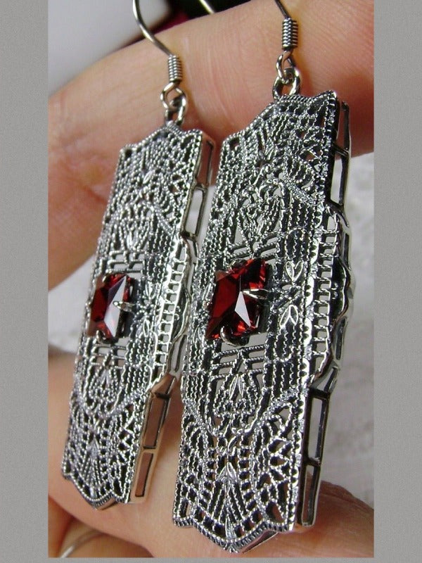 Red Garnet CZ (Cubic Zirconia) Earrings, Lacy Sterling Silver Filigree, Square Gemstone, Traditional Wires, Lacy Square Earrings, Silver Embrace Jewelry, E26