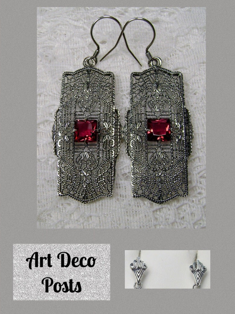 Red Ruby deco post Earrings, Lacy Sterling Silver Filigree, Square Gemstone, Lacy Square Earrings, Silver Embrace Jewelry, E26