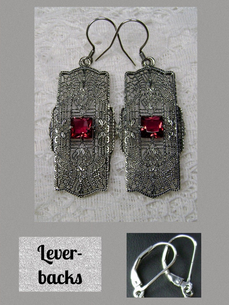 red ruby lever back Earrings, Lacy Sterling Silver Filigree, Square Gemstone, Lacy Square Earrings, Silver Embrace Jewelry, E26