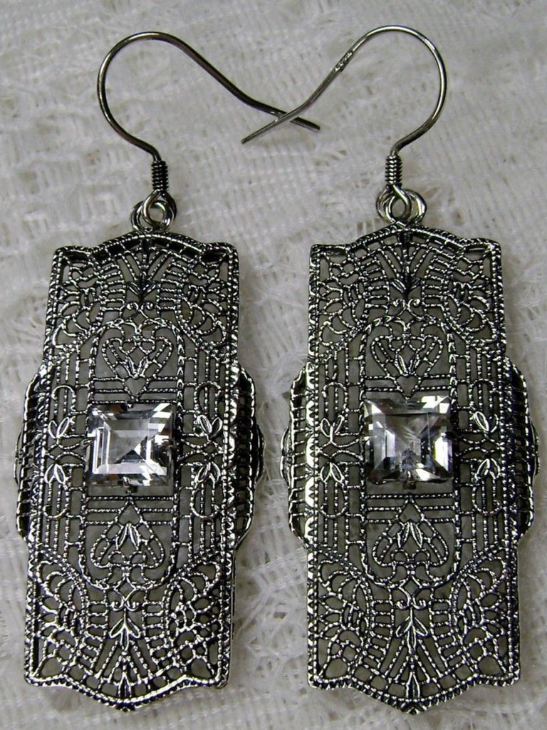 White CZ (Cubic Zirconia) Earrings, Lacy Sterling Silver Filigree, Square Gemstone, Traditional Wires, Lacy Square Earrings, Silver Embrace Jewelry, E26