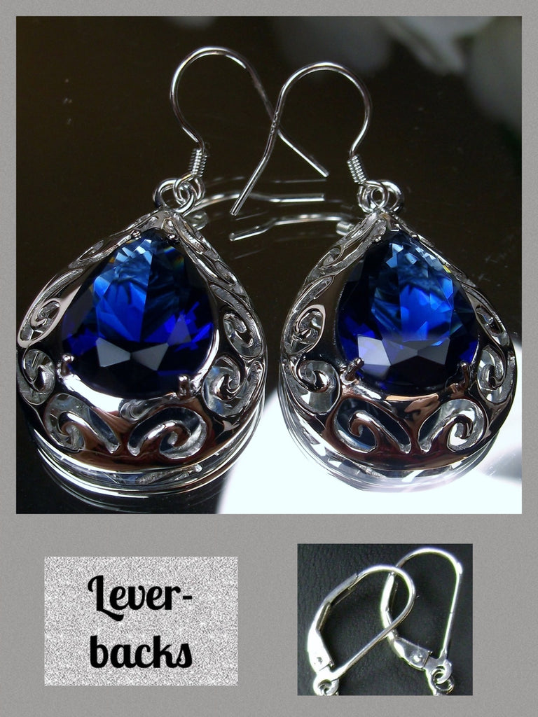 Blue Sapphire Big Teardrop Earrings, Pear shaped faceted gemstone, Sterling silver Filigree, drop earrings, Silver Embrace Jewelry, E28 Big Tear Earrings