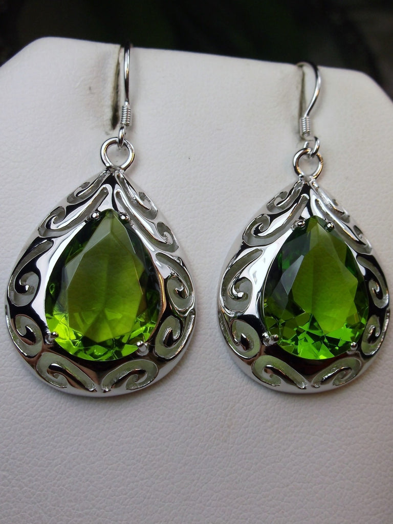 Green Peridot Big Teardrop Earrings, Pear shaped faceted gemstone, Sterling silver Filigree, drop earrings, Silver Embrace Jewelry, E28 Big Tear Earrings