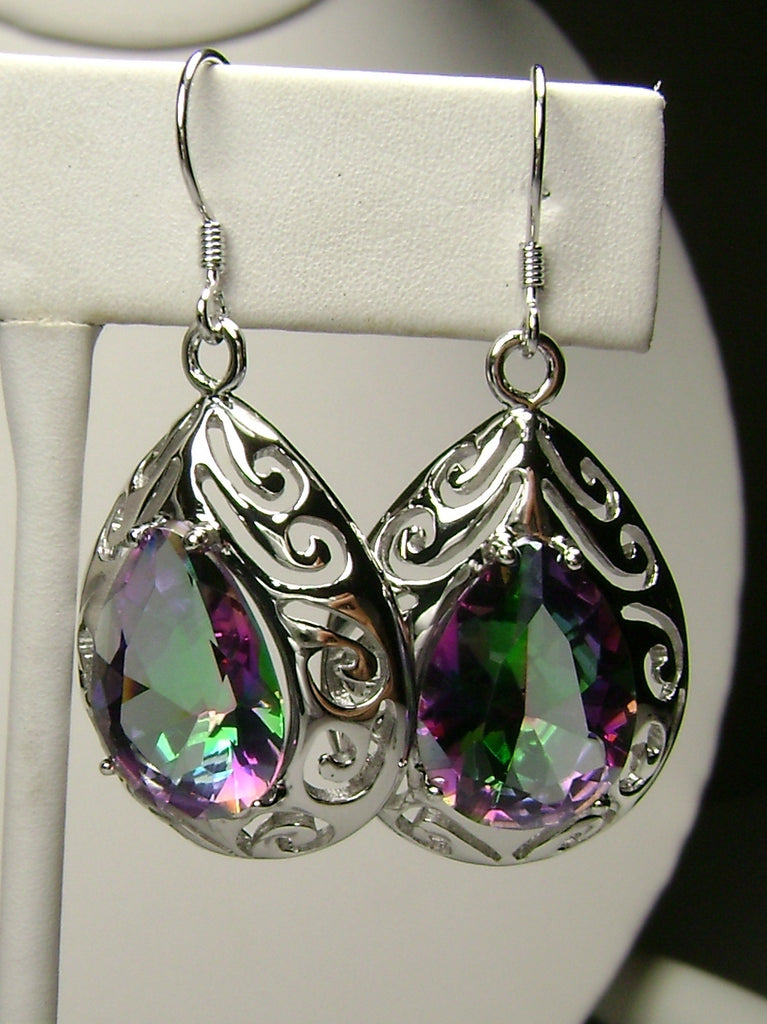 Mystic Topaz Big Teardrop Earrings, Pear shaped faceted gemstone, Sterling silver Filigree, drop earrings, Silver Embrace Jewelry, E28 Big Tear Earrings