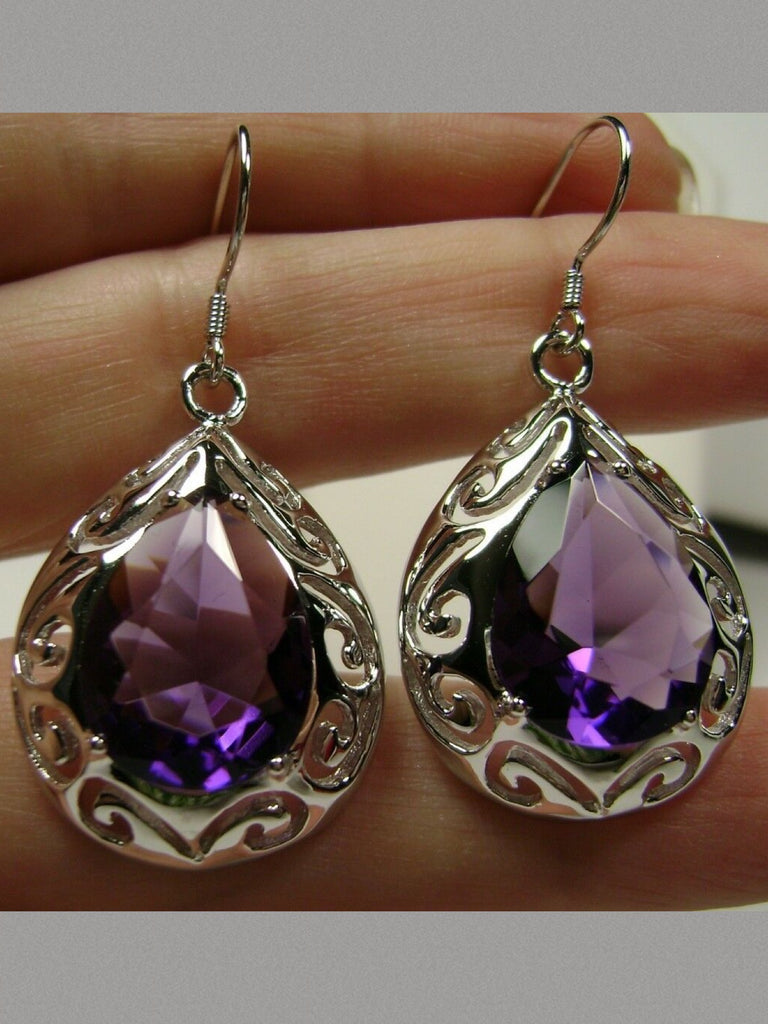 Purple Amethyst Big Teardrop Earrings, Pear shaped faceted gemstone, Sterling silver Filigree, drop earrings, Silver Embrace Jewelry, E28 Big Tear Earrings