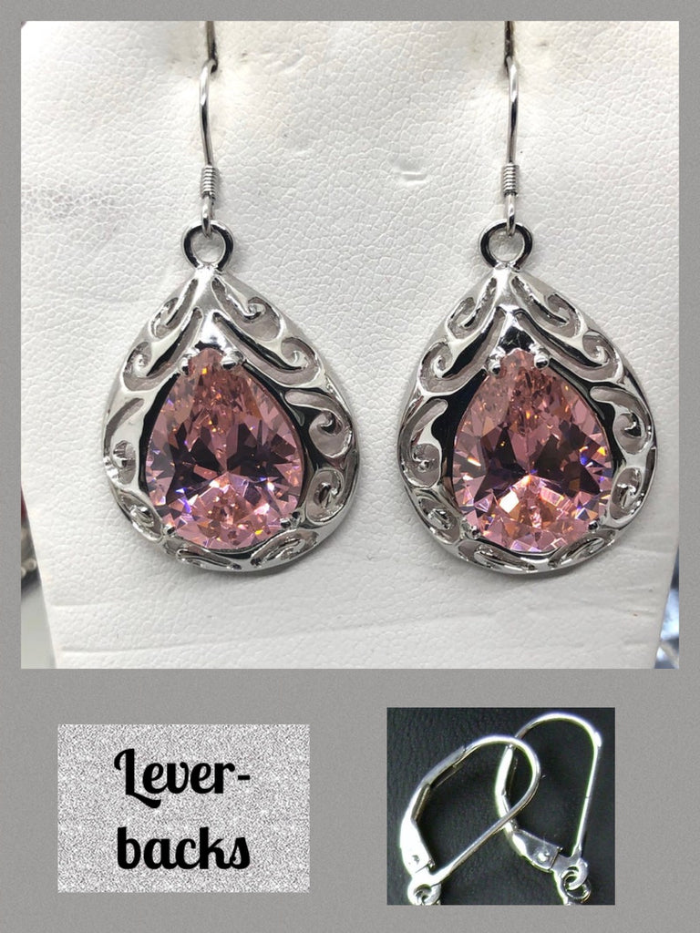 Pink CZ - Cubic Zirconia Big Teardrop Earrings, Pear shaped faceted gemstone, Sterling silver Filigree, drop earrings, Silver Embrace Jewelry, E28 Big Tear Earrings
