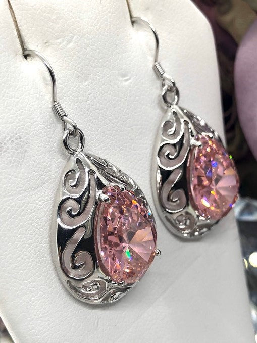 Pink Cubic Zirconia (CZ) Big Teardrop Earrings, Pear shaped faceted gemstone, Sterling silver Filigree, drop earrings, Silver Embrace Jewelry, E28 Big Tear Earrings