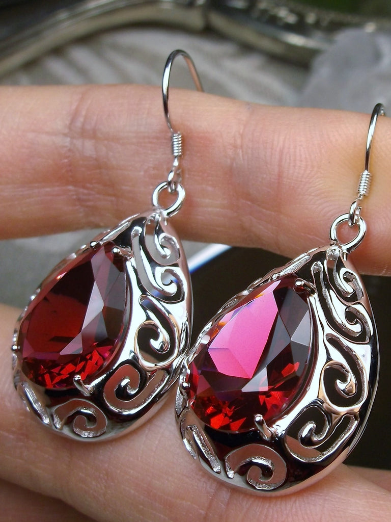 Red Ruby Big Teardrop Earrings, Pear shaped faceted gemstone, Sterling silver Filigree, drop earrings, Silver Embrace Jewelry, E28 Big Tear Earrings