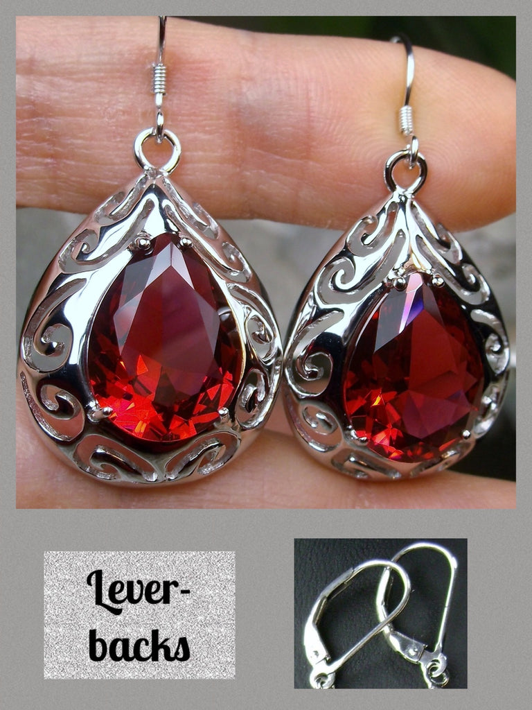Red Ruby Big Teardrop Earrings, Pear shaped faceted gemstone, Sterling silver Filigree, drop earrings, Silver Embrace Jewelry, E28 Big Tear Earrings - levers