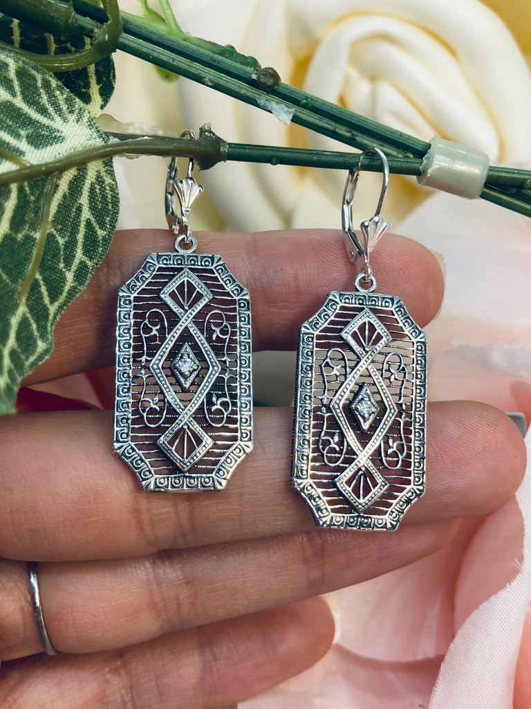 Moissanite Earrings, GeoDeco style, sterling silver filigree, Vintage Antique Jewelry, Art Deco Jewelry, Silver Embrace Jewelry, P357