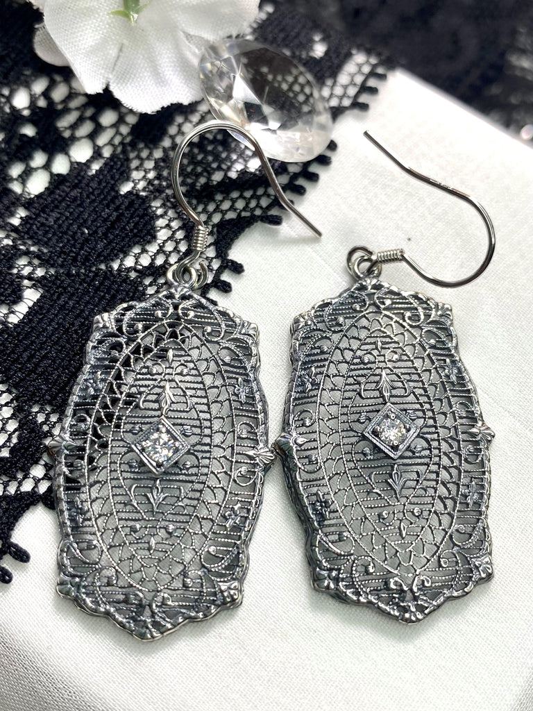 Moissanite Earrings, Rococo style, sterling silver filigree, Vintage Antique Jewelry, Silver Embrace Jewelry, P358