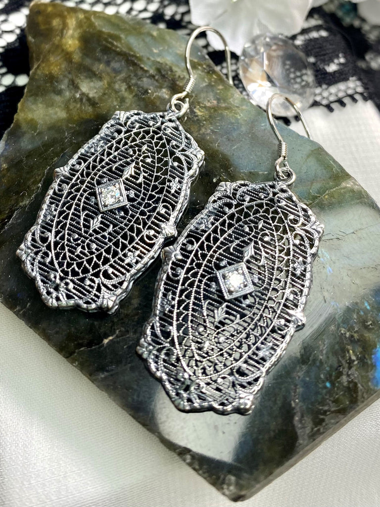Moissanite Earrings, Rococo style, sterling silver filigree, Vintage Antique Jewelry, Silver Embrace Jewelry, P358