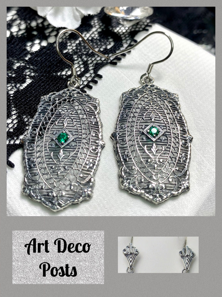 Natural Green emerald Earrings, Natural Gemstone, Rococo Vintage Jewelry, Victorian Jewelry, Sterling Silver Filigree, Silver Embrace jewelry E358
