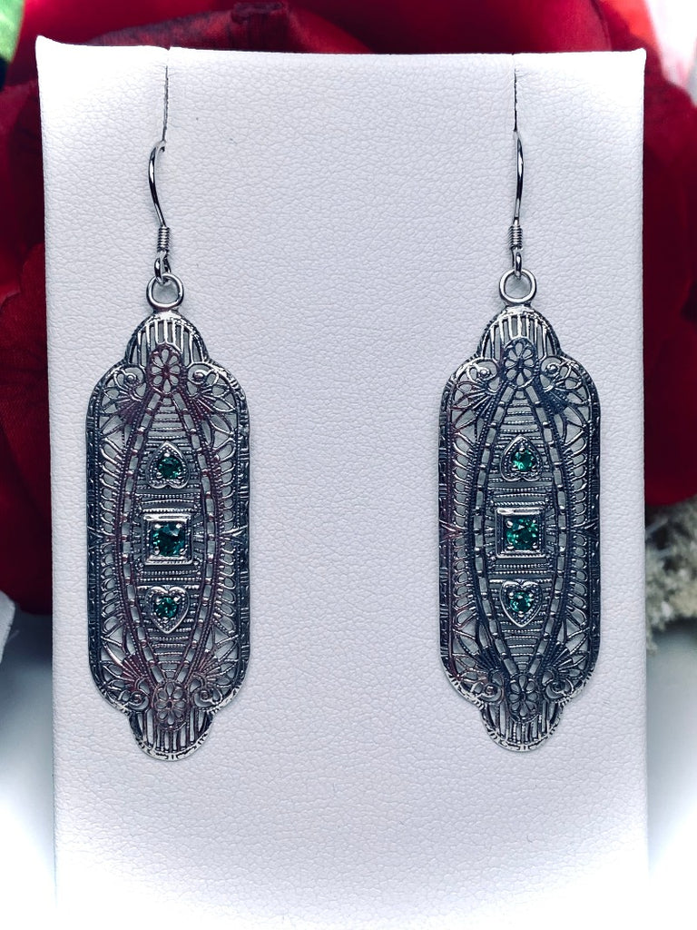 Natural Green Emerald Earrings, Vintage style, sterling silver filigree, Angel Wing Earrings, Vintage Antique Jewelry, Silver Embrace Jewelry, E359