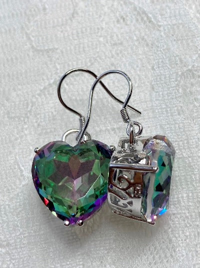 Mystic Topaz Earrings, Rainbow Heart Earrings, Sterling Silver Filigree Jewelry, Vintage Jewelry, Silver Embrace Jewelry, E38