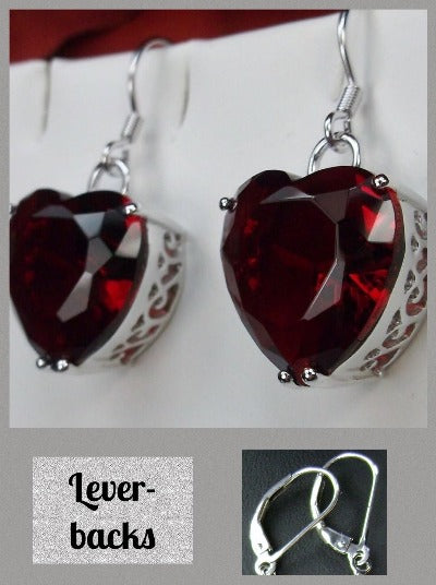 Red Garnet Cubic Zirconia (CZ) Earrings,  Heart Earrings, Sterling Silver Filigree Jewelry, Vintage Jewelry, Silver Embrace Jewelry, E38