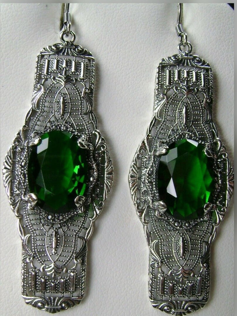 Green Emerald Oval Earrings, Oval Castle Earrings, Art Deco Jewelry, Sterling Silver Filigree, Silver Embrace Jewelry, #E4