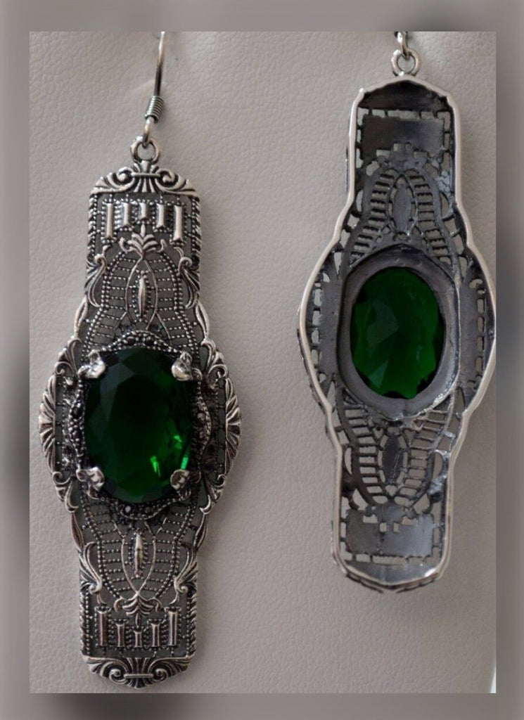 Green Emerald Oval Earrings, Oval Castle Earrings, Art Deco Jewelry, Sterling Silver Filigree, Silver Embrace Jewelry, #E4