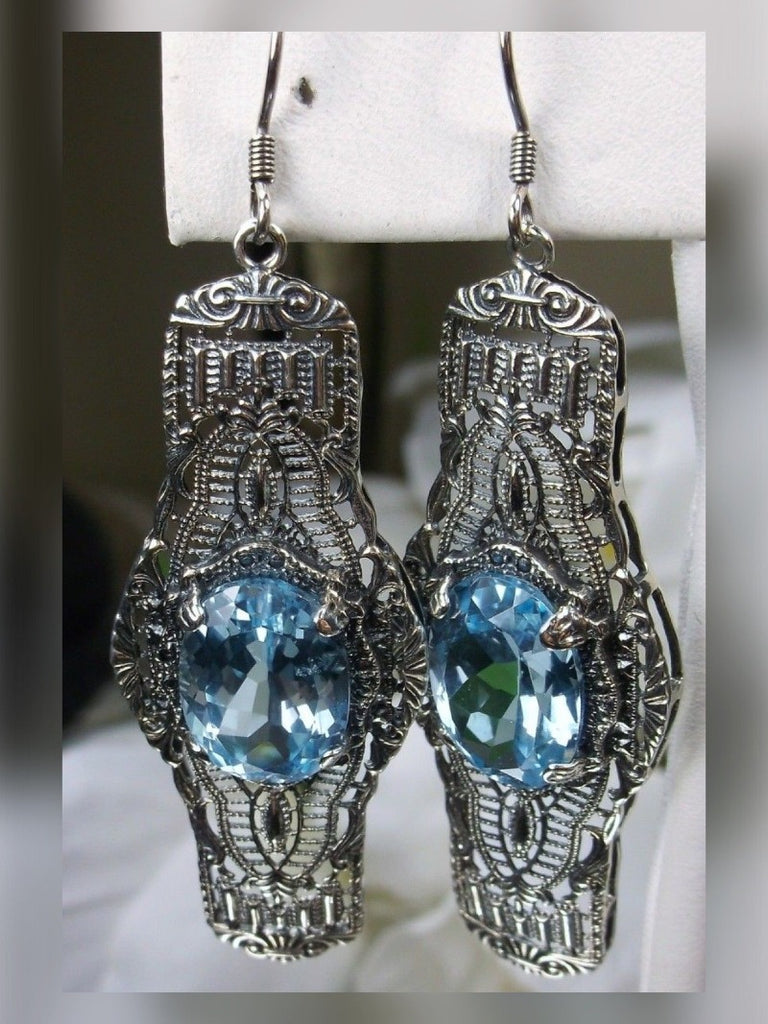Natural Blue Topaz Oval Earrings, Oval Castle Earrings, Art Deco Jewelry, Sterling Silver Filigree, Silver Embrace Jewelry, #E4