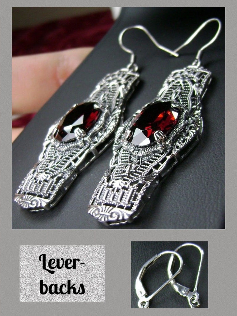 Red Garnet CZ Oval Earrings, Oval Castle Earrings, Art Deco Jewelry, Sterling Silver Filigree, Silver Embrace Jewelry, #E4