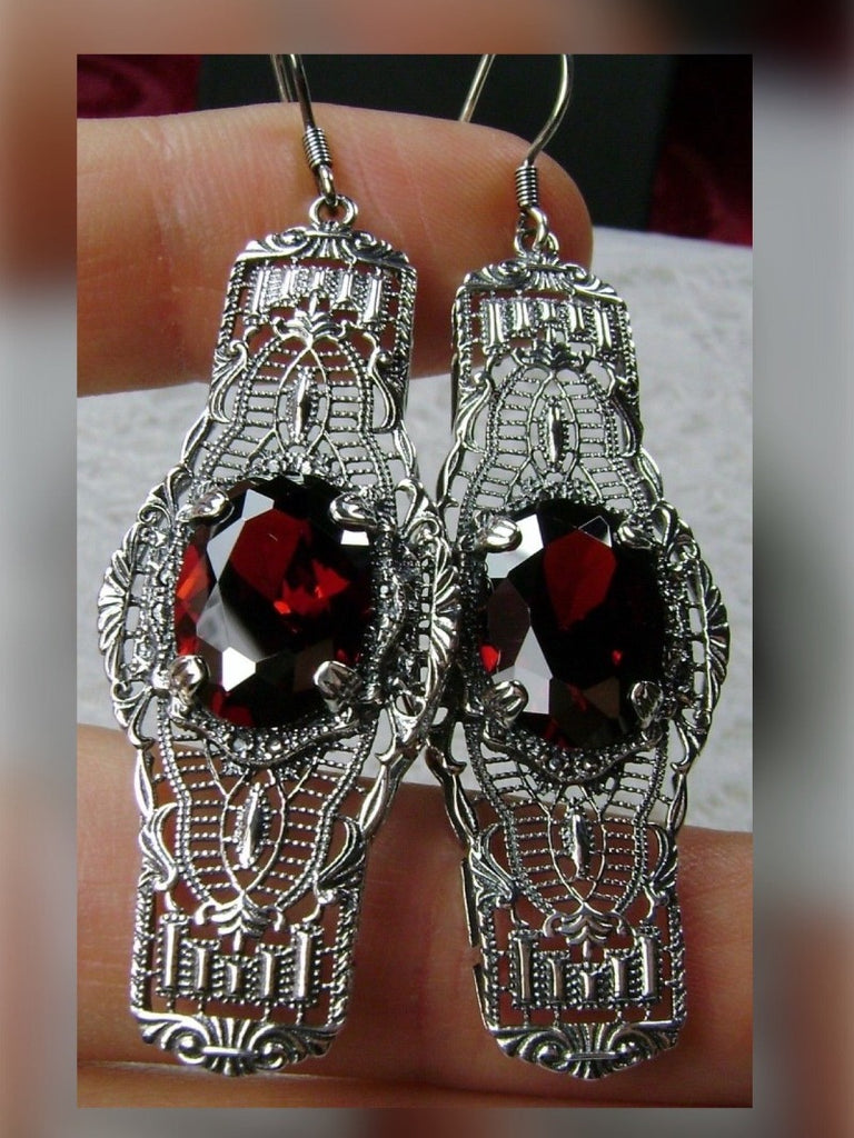 Red Garnet CZ Oval Earrings, Oval Castle Earrings, Art Deco Jewelry, Sterling Silver Filigree, Silver Embrace Jewelry, #E4