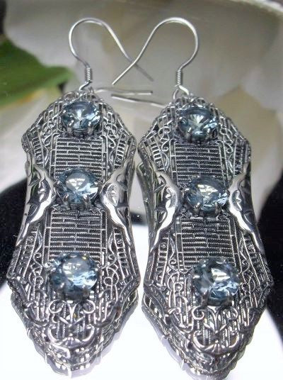 Aquamarine Earrings, Sky Blue Earrings, Edwardian Jewelry, Sterling Silver Filigree, Triple Gemstone, Vintage Jewelry, Silver Embrace Jewelry, Twist Earrings E42