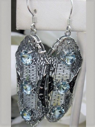 Aquamarine Earrings, Sky Blue Earrings, Edwardian Jewelry, Sterling Silver Filigree, Triple Gemstone, Vintage Jewelry, Silver Embrace Jewelry, Twist Earrings E42