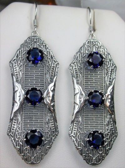 Blue Sapphire Earrings, Deep Blue Earrings, Edwardian Jewelry, Sterling Silver Filigree, Triple Gemstone, Vintage Jewelry, Silver Embrace Jewelry, Twist Earrings E42