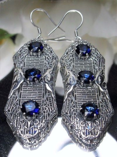 Blue Sapphire Earrings, Deep Blue Earrings, Edwardian Jewelry, Sterling Silver Filigree, Triple Gemstone, Vintage Jewelry, Silver Embrace Jewelry, Twist Earrings E42
