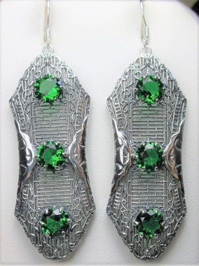 Emerald Green Earrings, Edwardian Jewelry, Sterling Silver Filigree, Triple Gemstone, Vintage Jewelry, Silver Embrace Jewelry, Twist Earrings E42