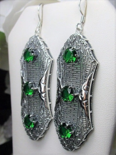 Emerald Green Earrings, Edwardian Jewelry, Sterling Silver Filigree, Triple Gemstone, Vintage Jewelry, Silver Embrace Jewelry, Twist Earrings E42
