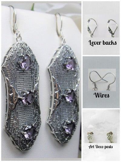 Purple Amethyst Earrings, Edwardian Jewelry, Sterling Silver Filigree, Triple Gemstone, Vintage Jewelry, Silver Embrace Jewelry, Twist Earrings E42
