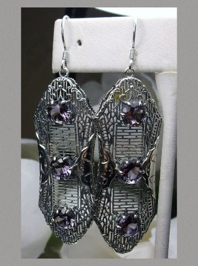 Purple Amethyst Earrings, Edwardian Jewelry, Sterling Silver Filigree, Triple Gemstone, Vintage Jewelry, Silver Embrace Jewelry, Twist Earrings E42